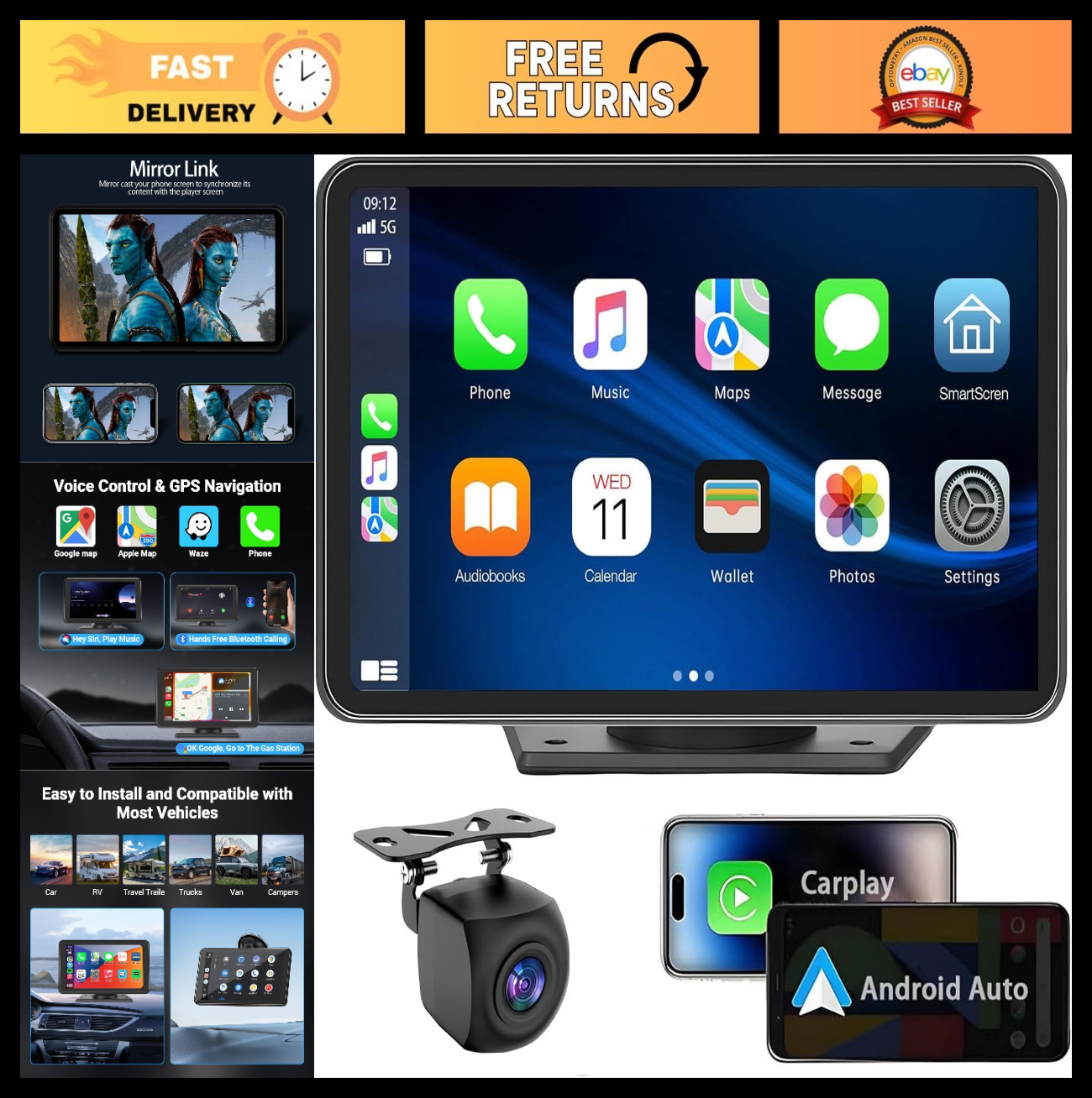 Wireless 7″ Touchscreen Car Stereo – Bluetooth, Voice Control, GPS, HD Camera, A