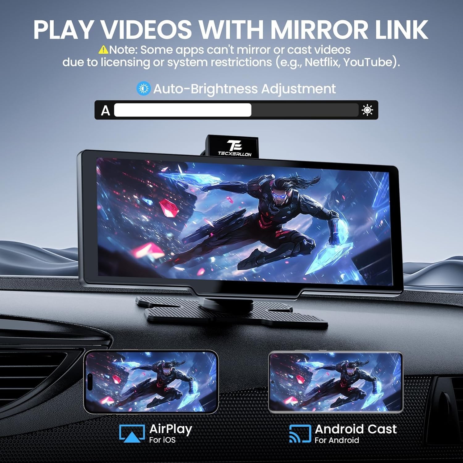 10.26” Wireless Carplay Screen for Car with 4K Dash Cam & 1080P Backup Black