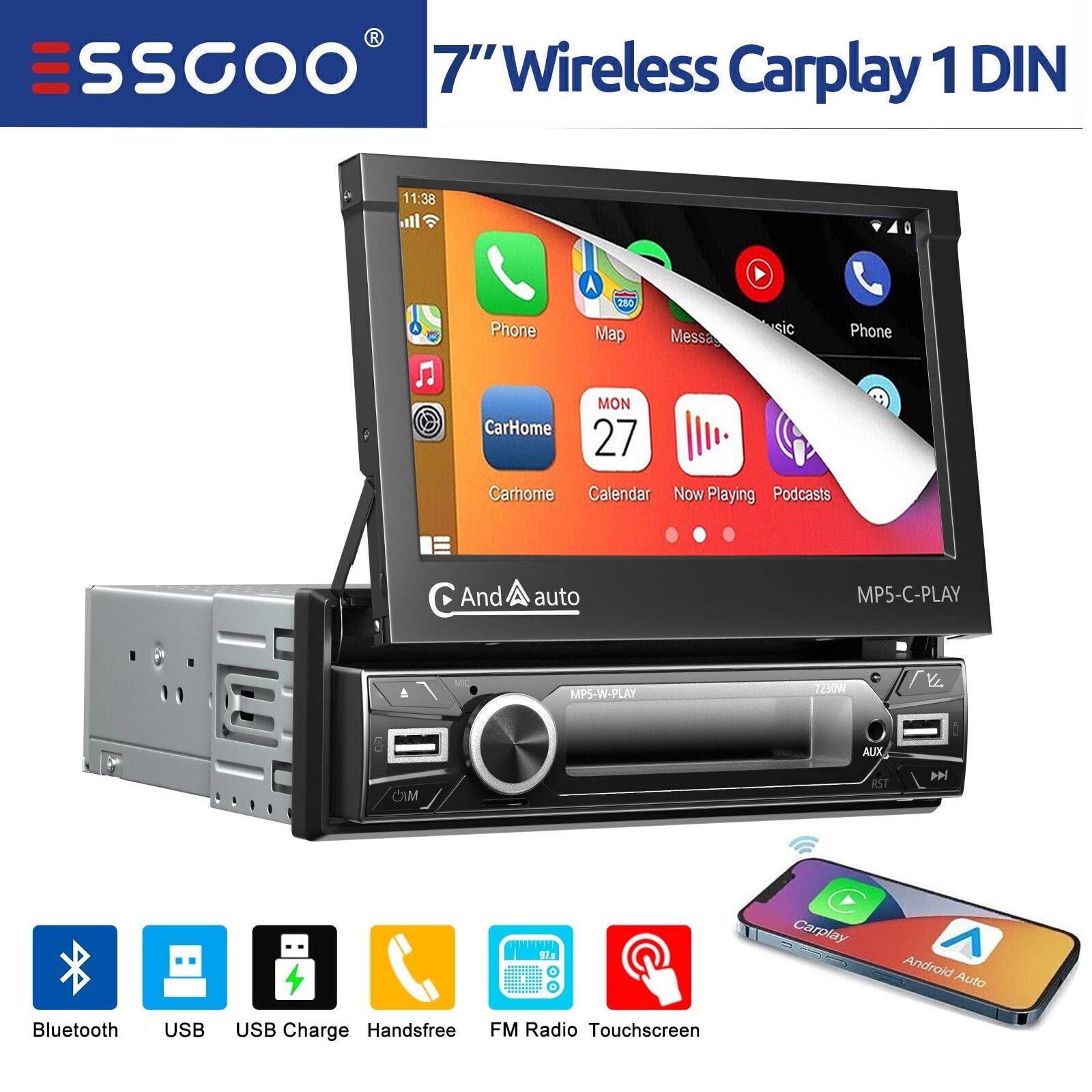 7″ Single DIN Radio Flip Out HD Touch Screen Android Apple CarPlay Head Unit USB