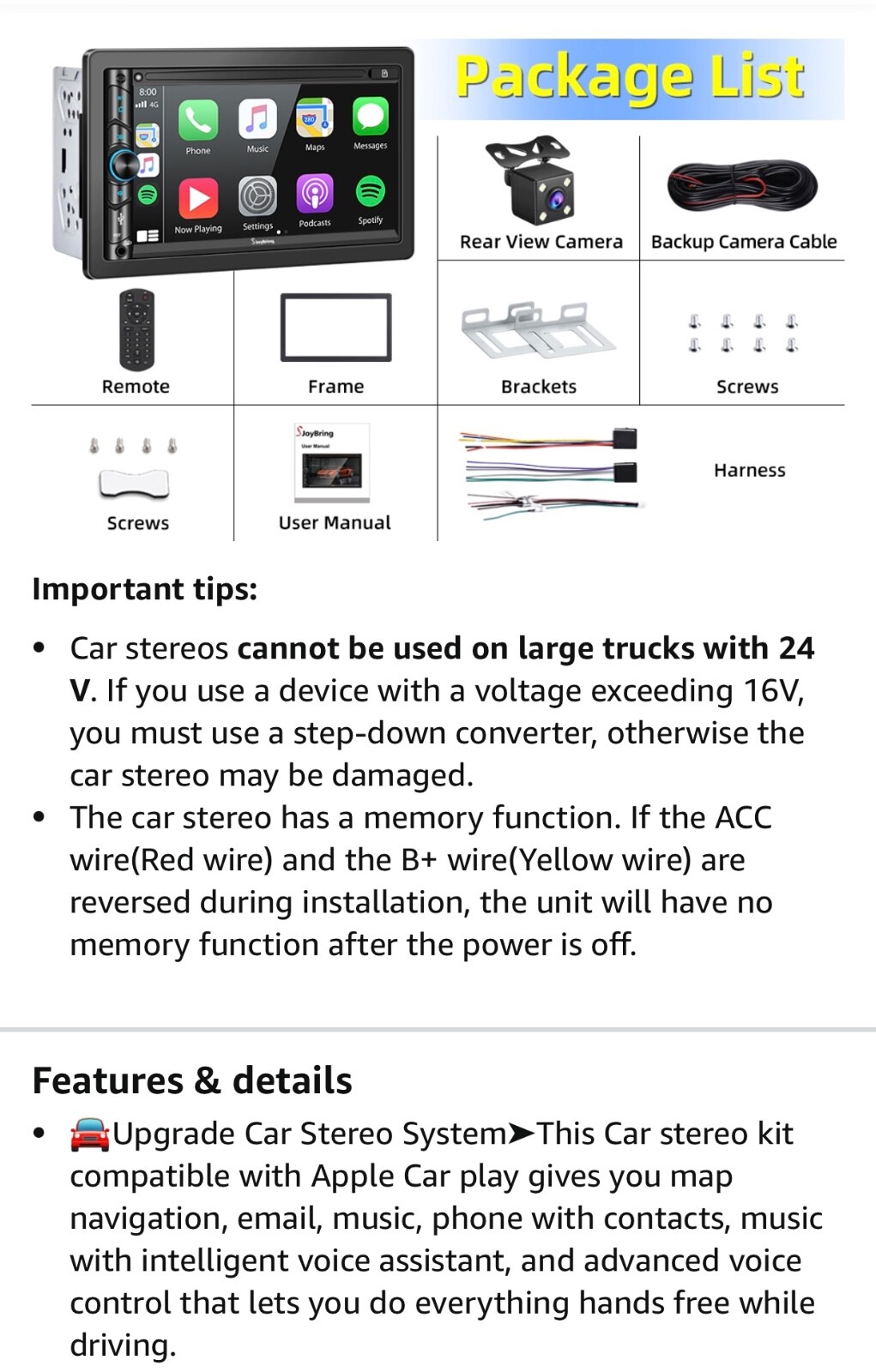 Double DIN CarPlay Multimedia Player, 7″ HD Capacitive Touchscreen, Car Stereo w