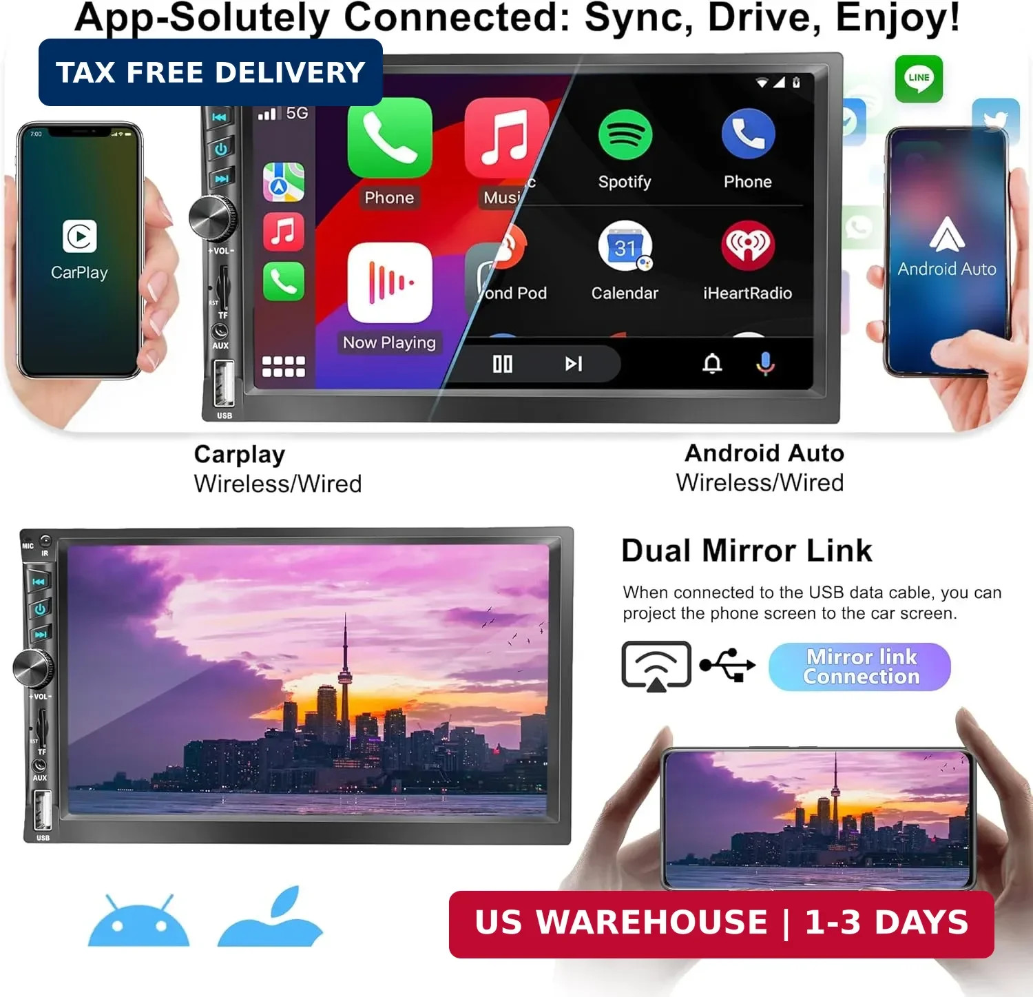 Upgrade Wireless 7″ Double Din Car Stereo Apple CarPlay Android Auto 178 * 102mm