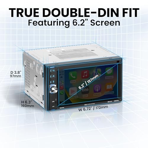 BCP62 Car Stereo – Apple CarPlay, Double Din, 6.2 Inch 6.2 Inch w/ Volume Knob