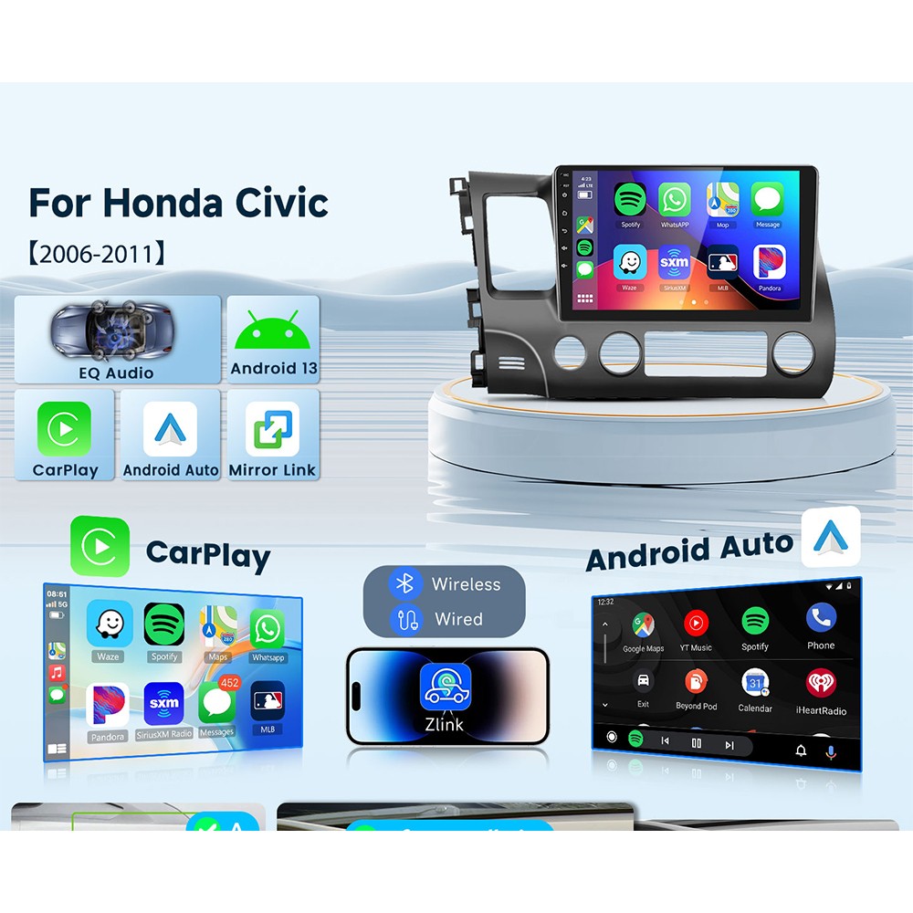 Honda Civic 2006-2011 Wireless CarPlay Android Auto 10.1 Inch IPS Touchscreen