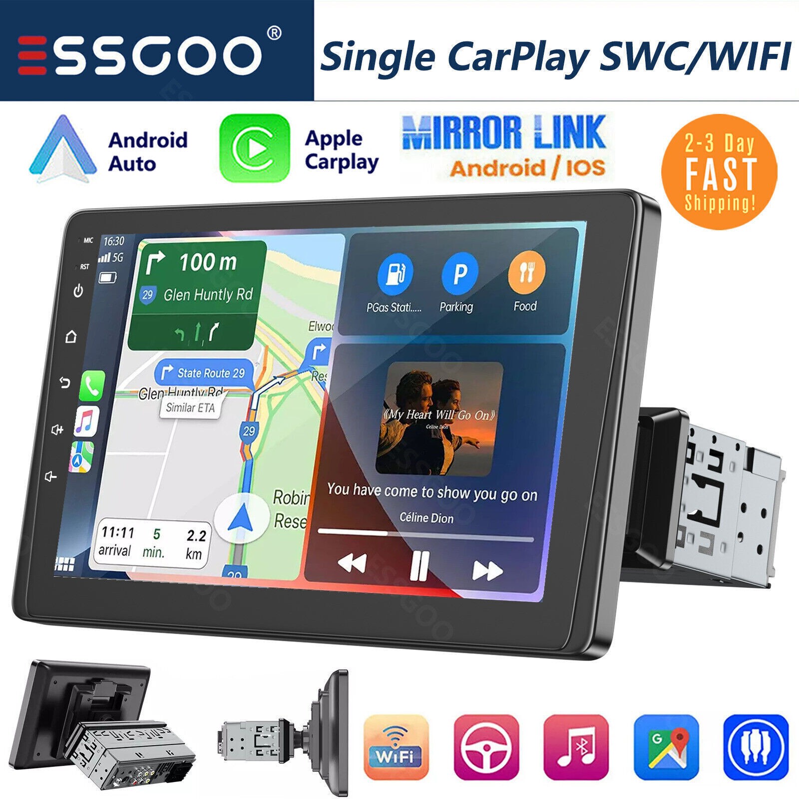 9″ Single 1 DIN Car Stereo Wireless CarPlay/Android Auto Radio AUX USB Head Unit