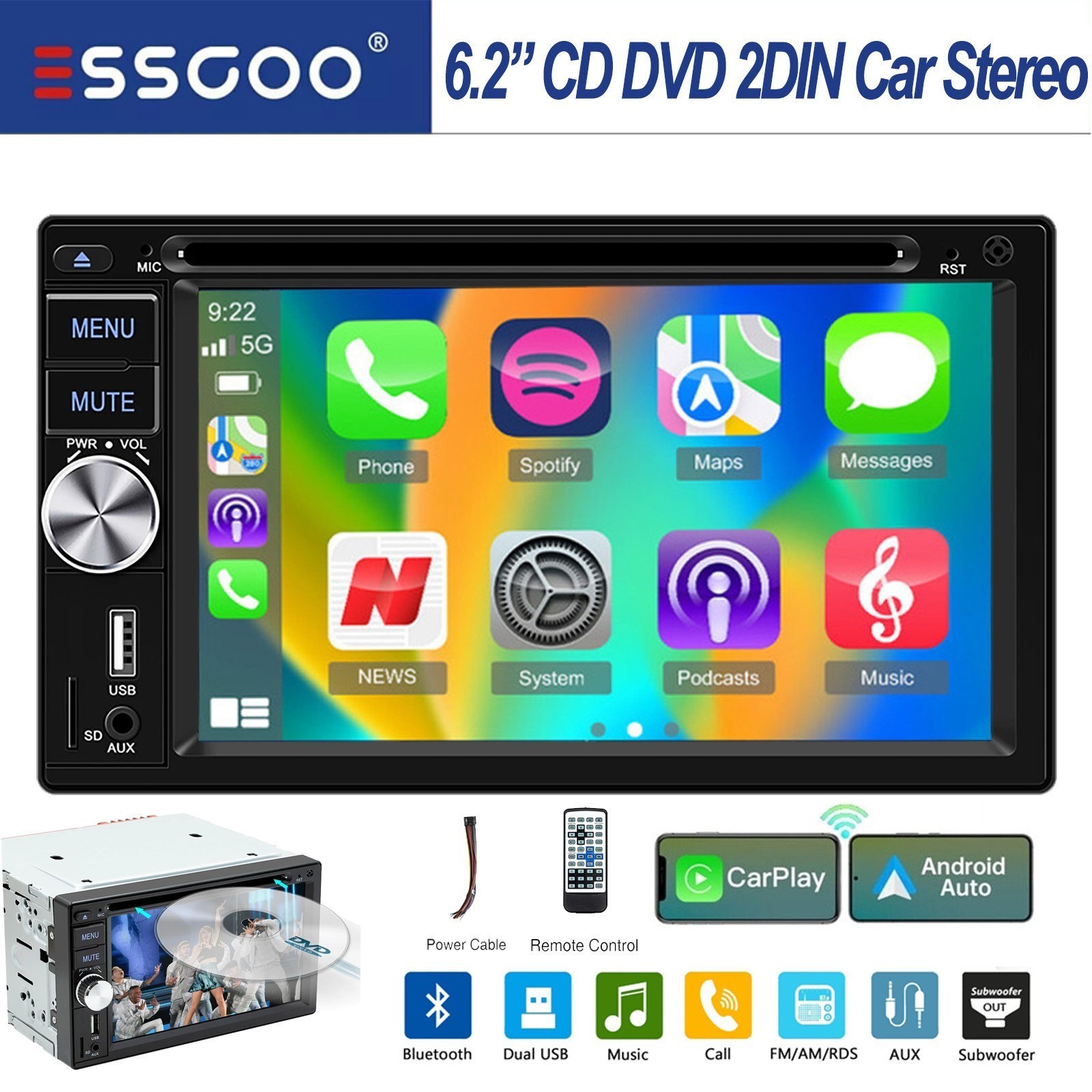 6.2 Inch Car Stereo Double 2DIN Carplay DVD CD Android Auto Head Unit AUX USB BT
