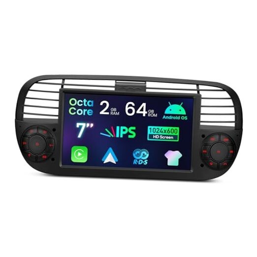 Android 14 Car Stereo for Fiat 500 (2007-2015), 7 Inch Touch 2+64GB New Black