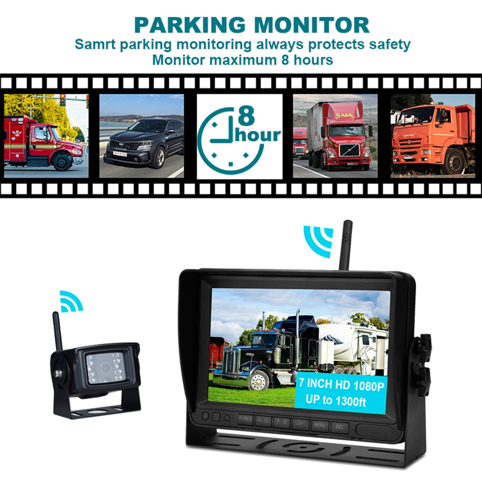 7″ Display Wireless AHD 1080P 1CH Rear View Backup Camera Kit for Truck/Trailer