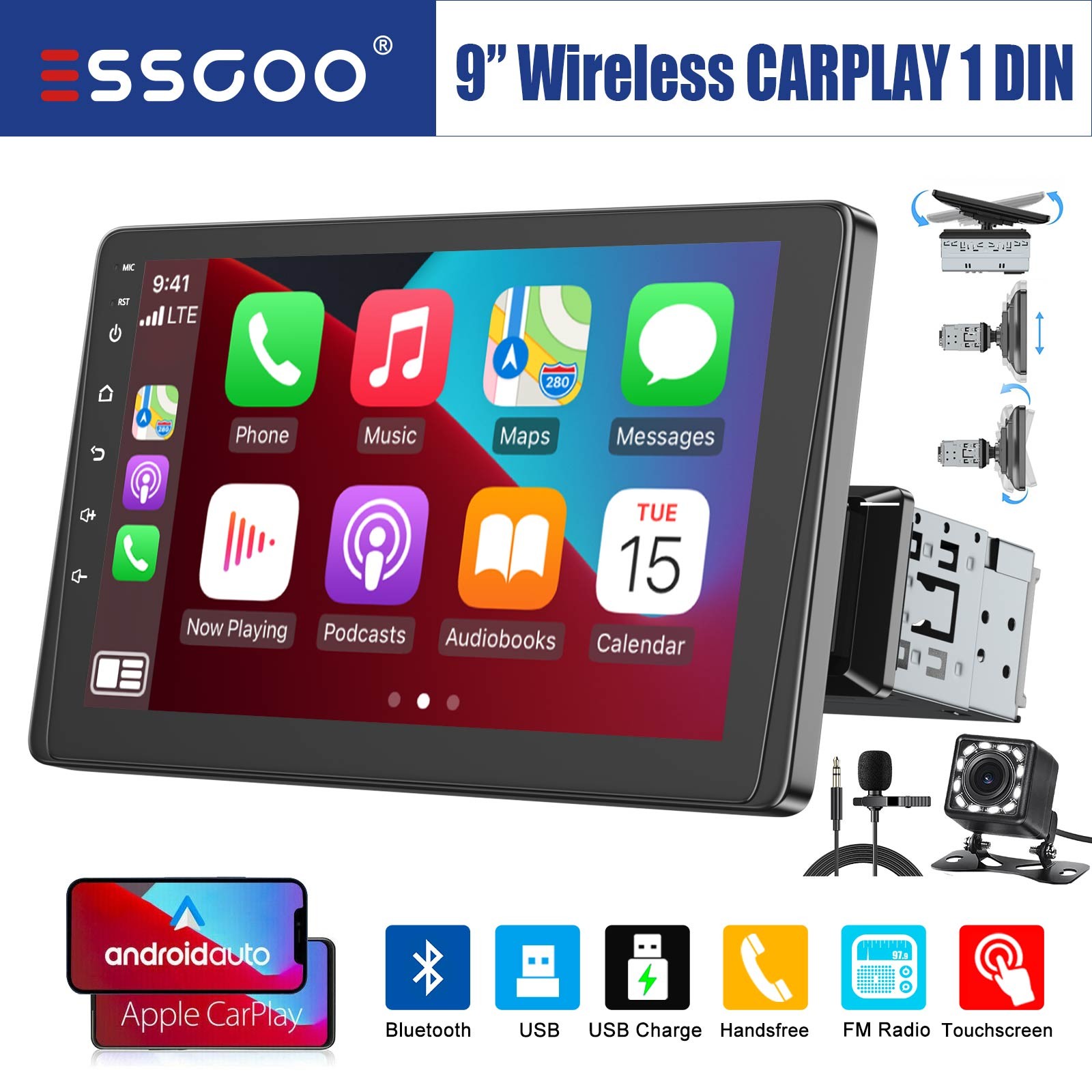 1 DIN Wireless Apple CarPlay 9″ Car Stereo Radio Touch Screen Bluetooth CAM MIC