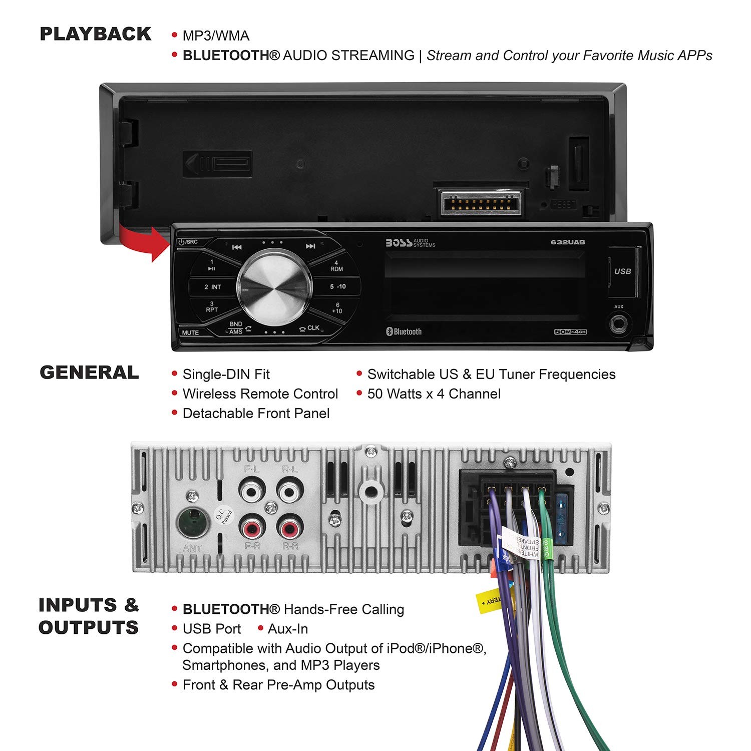 BOSS Audio Systems 632UAB Car Stereo – Single Din, Bluetooth, One Size, Black