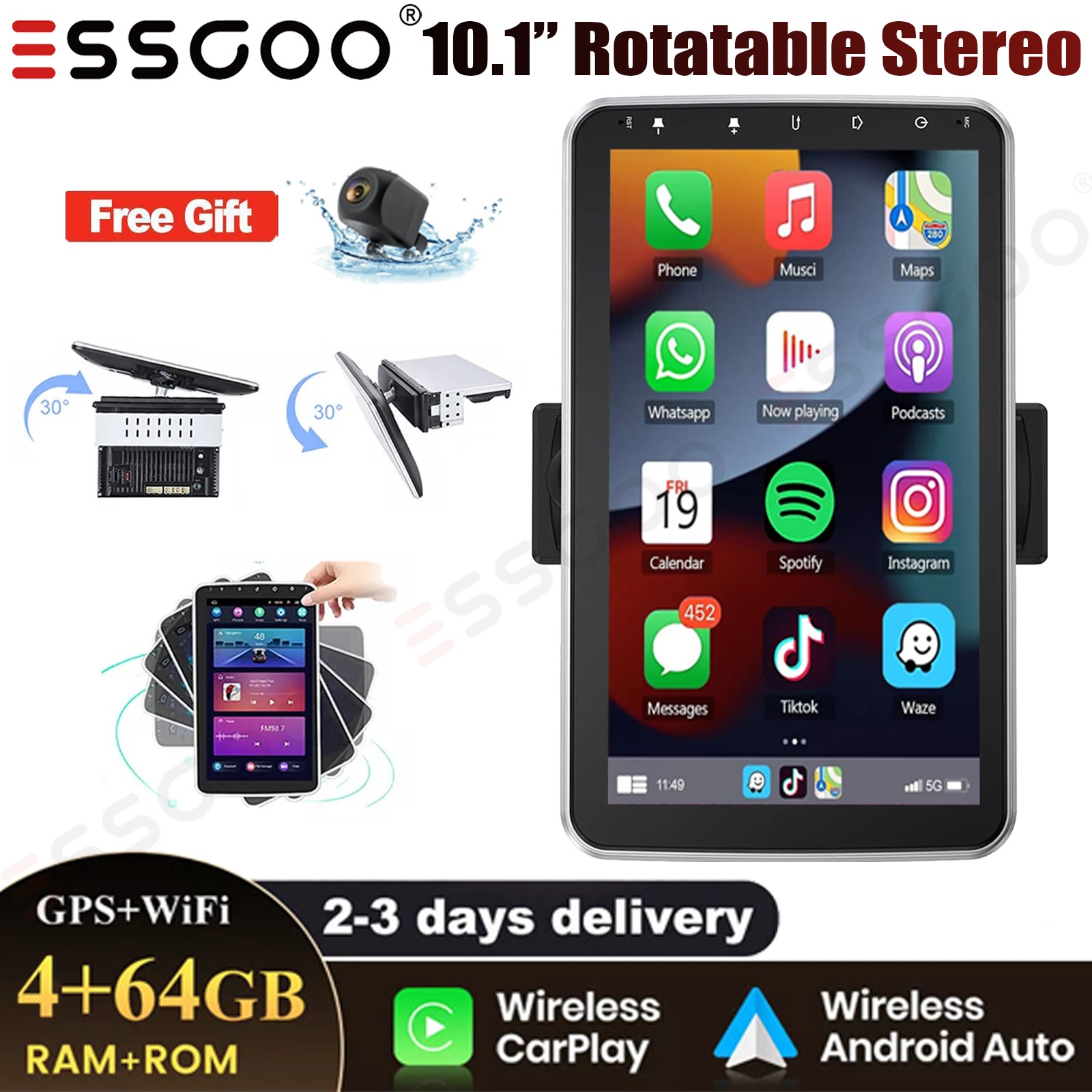 10.1″ Carplay 4G+64G Car Stereo Radio Single 1Din Rotatable Touch Screen MP5+AHD