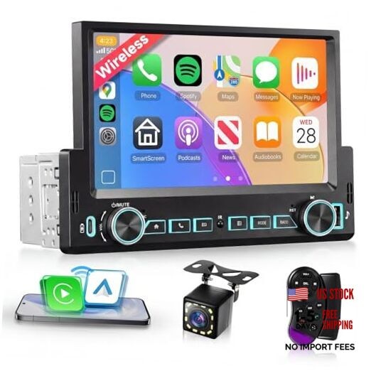 7” Single Din Car Stereo with Wireless Carplay Android Auto, Single Din