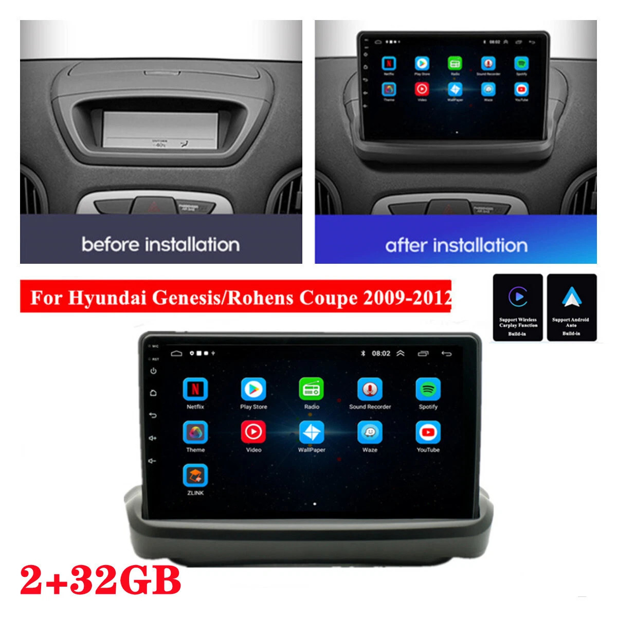 9″ For 2009-12 Hyundai Genesis Coupe Carplay 2+32GB Radio Stereo GPS Nav Wifi FM