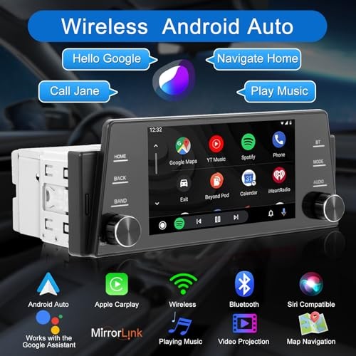 Single Din Touchscreen Radio Wireless/Wired CarPlay & Android Auto, HD IPS 5″