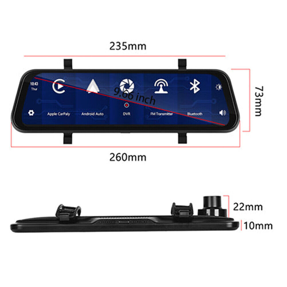 9.66″ Dash Cam Rear View Mirror Monitor Wireless Carplay Dual Front Rear Camera