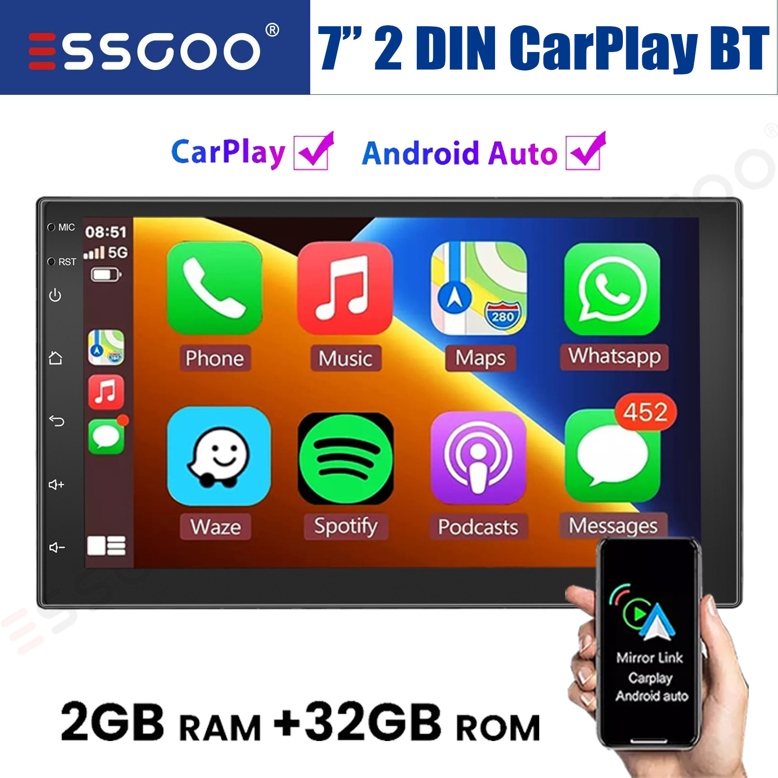7″ Double 2 DIN Car Stereo Radio Android 15 CarPlay 2+32G GPS Head Unit WIFI SWC