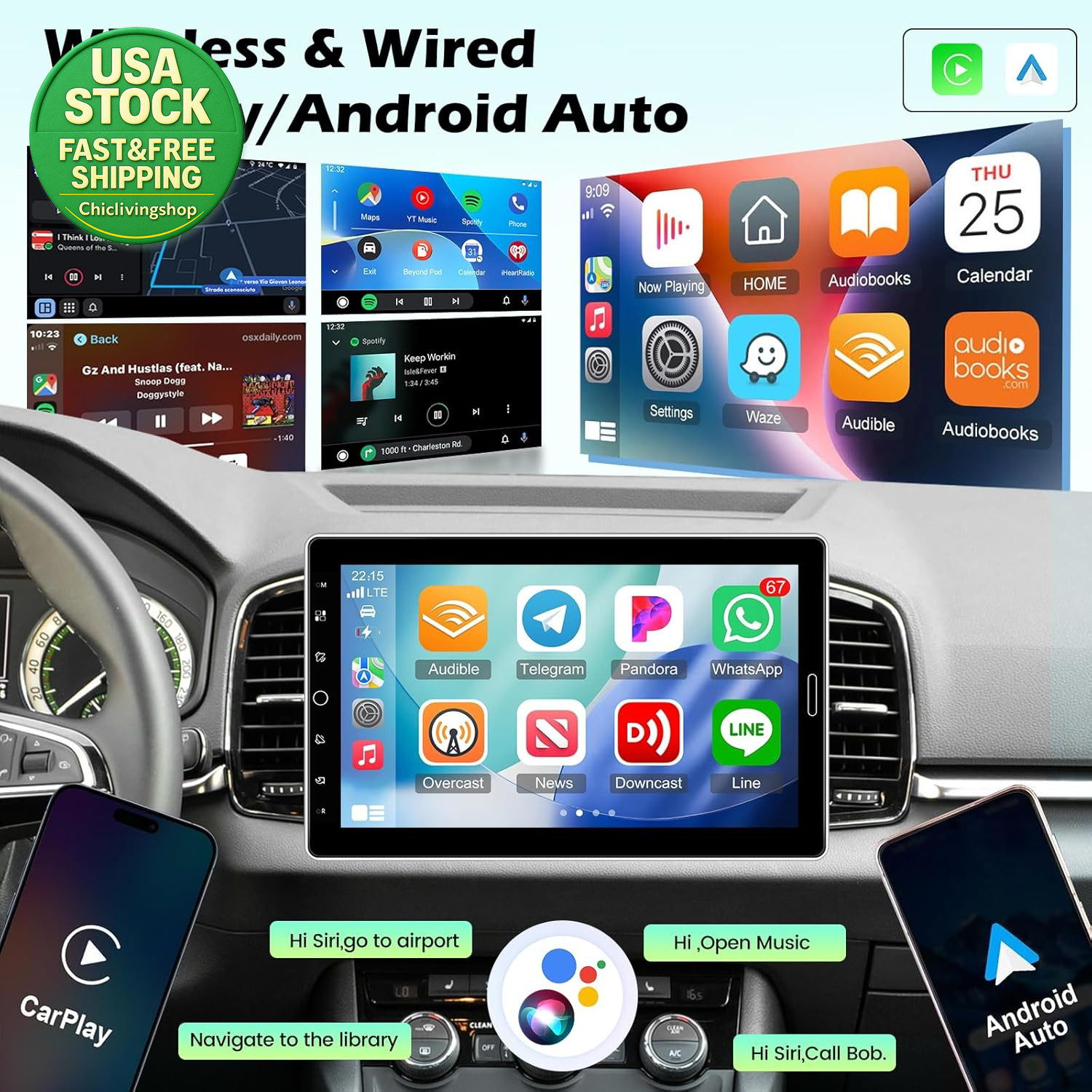 10.1 Inch Single Din Touchscreen Car Stereo Wireless Carplay Android Auto
