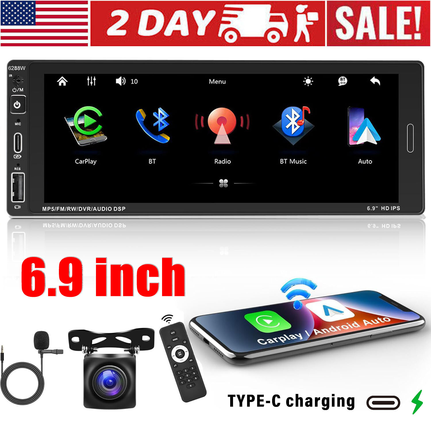 Single Din Car Stereo Wireless Apple CarPlay 6.9 touchscreen Bluetooth Radio USB