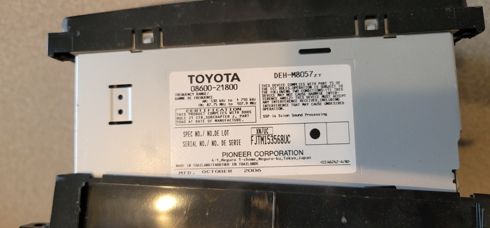 2007 Toyota Scion Tc Pioneer Am Fm Cd Mp3 Wma Aux Sat Stereo #08600-21800