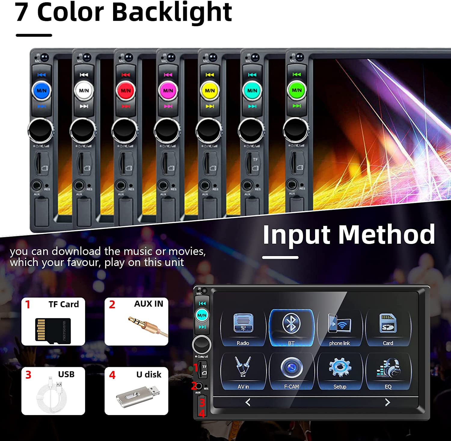 7″ Car Stereo 2DIN Radio Bluetooth Backup Camera Mirror with Car Play