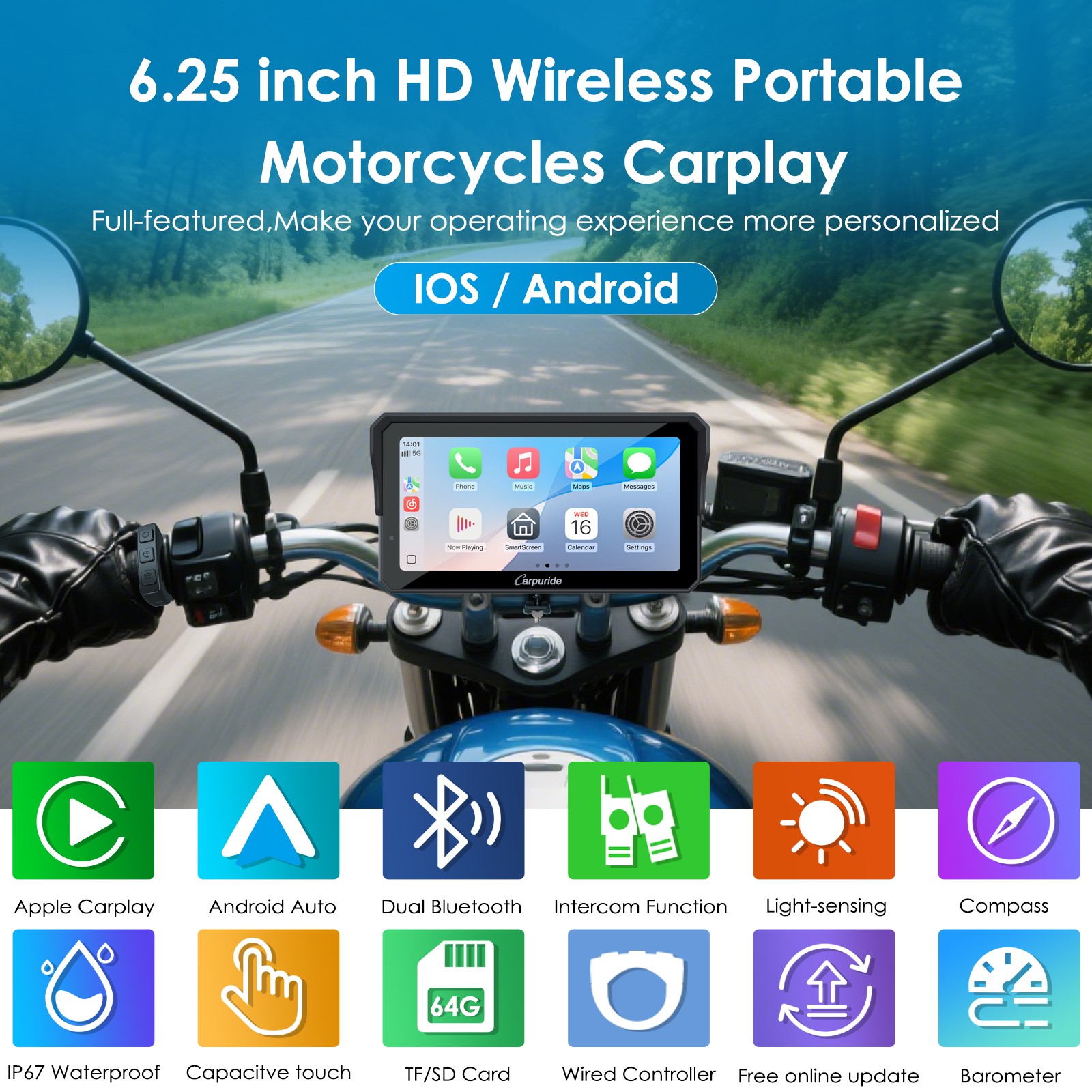 Carpuride W602SPro Moto TPMS Carplay Screen Wireless Android Auto Type-C Starter