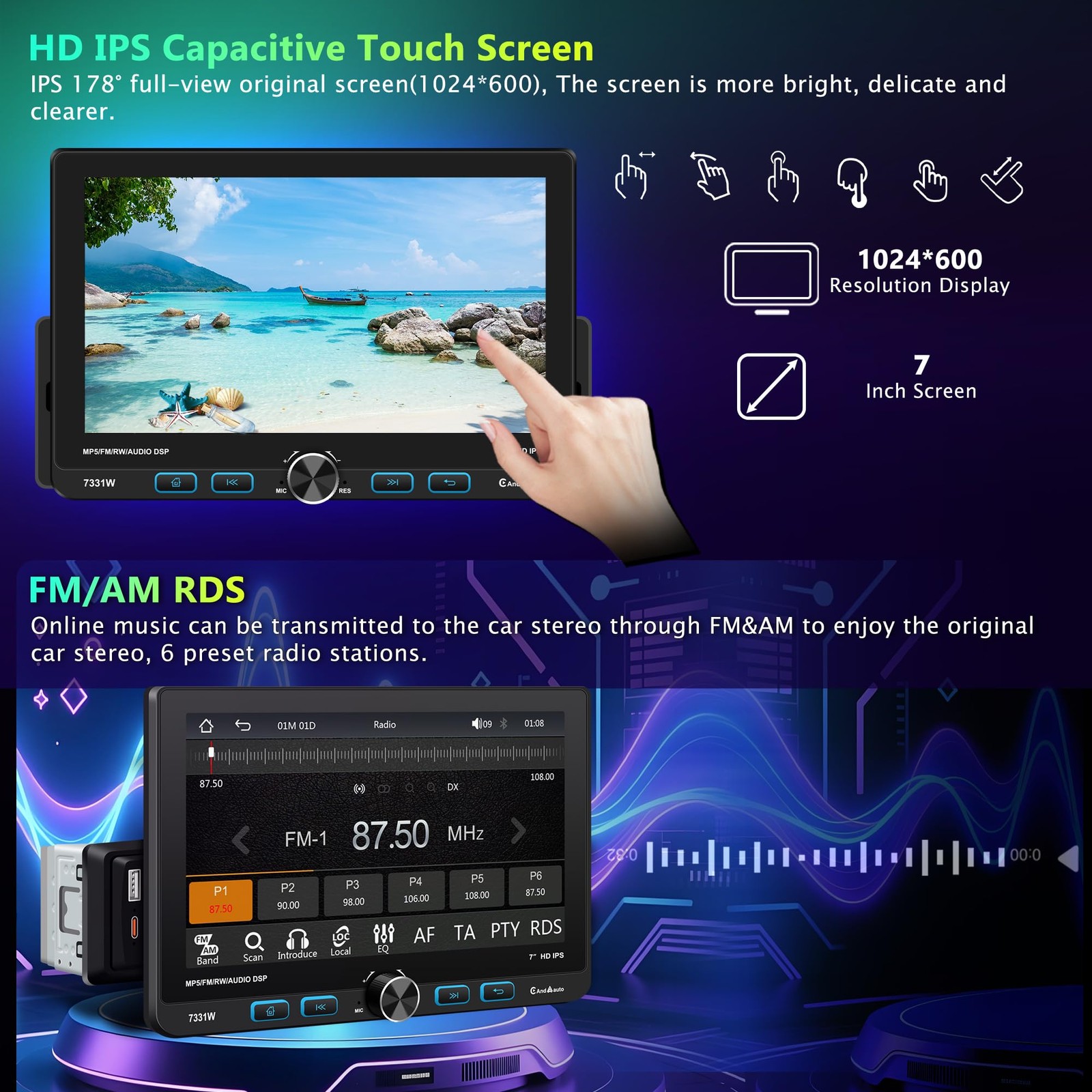 7″ Single Din Touchscreen Radio, Floating Car Stereo with Wireless Apple CarP…