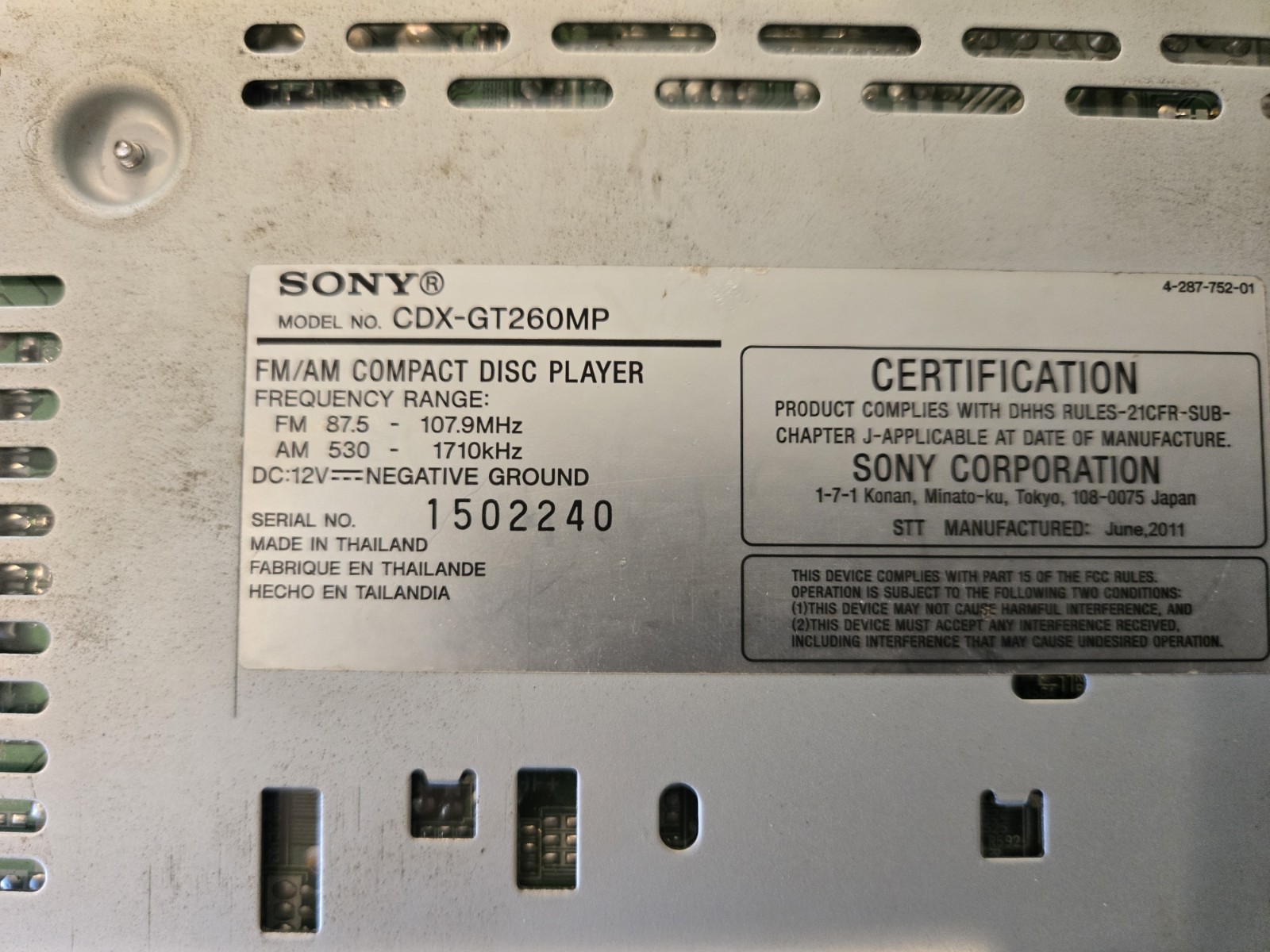 Sony CDX-GT260mp Disc Player Single Din Used Untested Condition