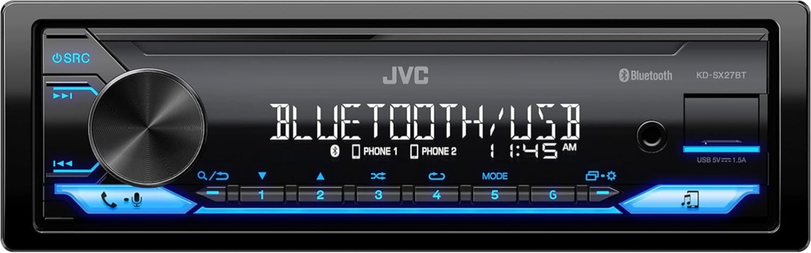 Single DIN Bluetooth Receiver with 100W Power, USB Charging & Remote App Access