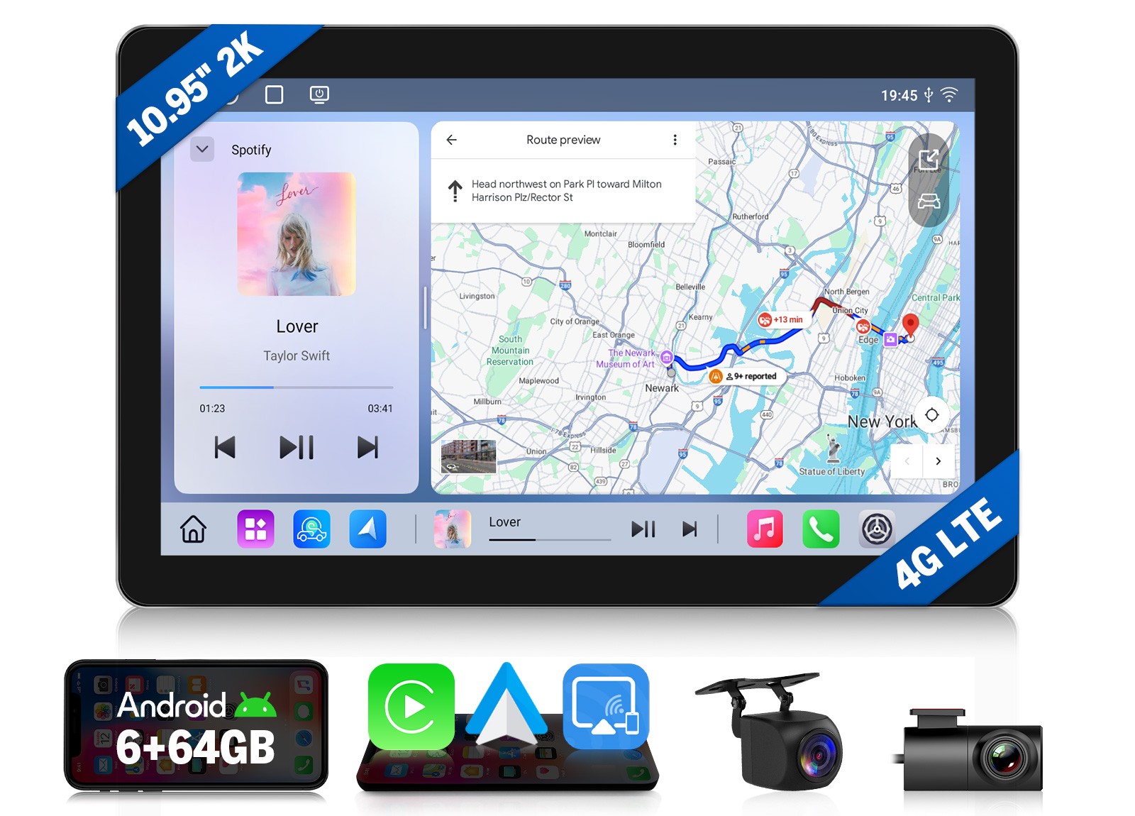 CAM+DVR+Apple CarPlay GPS 10.95″ 2K QLED 6+64 1DIN Car Radio Android Auto 4G LTE