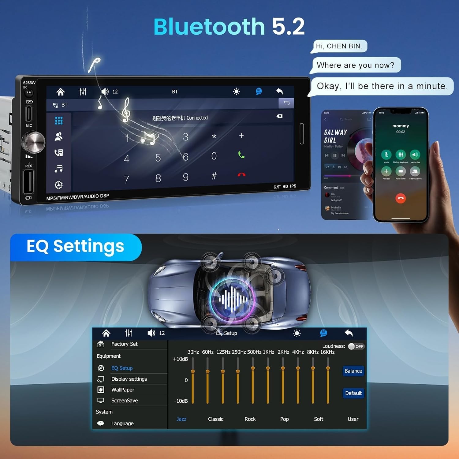 6.9″ Single DIN Android Auto Carplay Stereo with Backup Camera & Remote