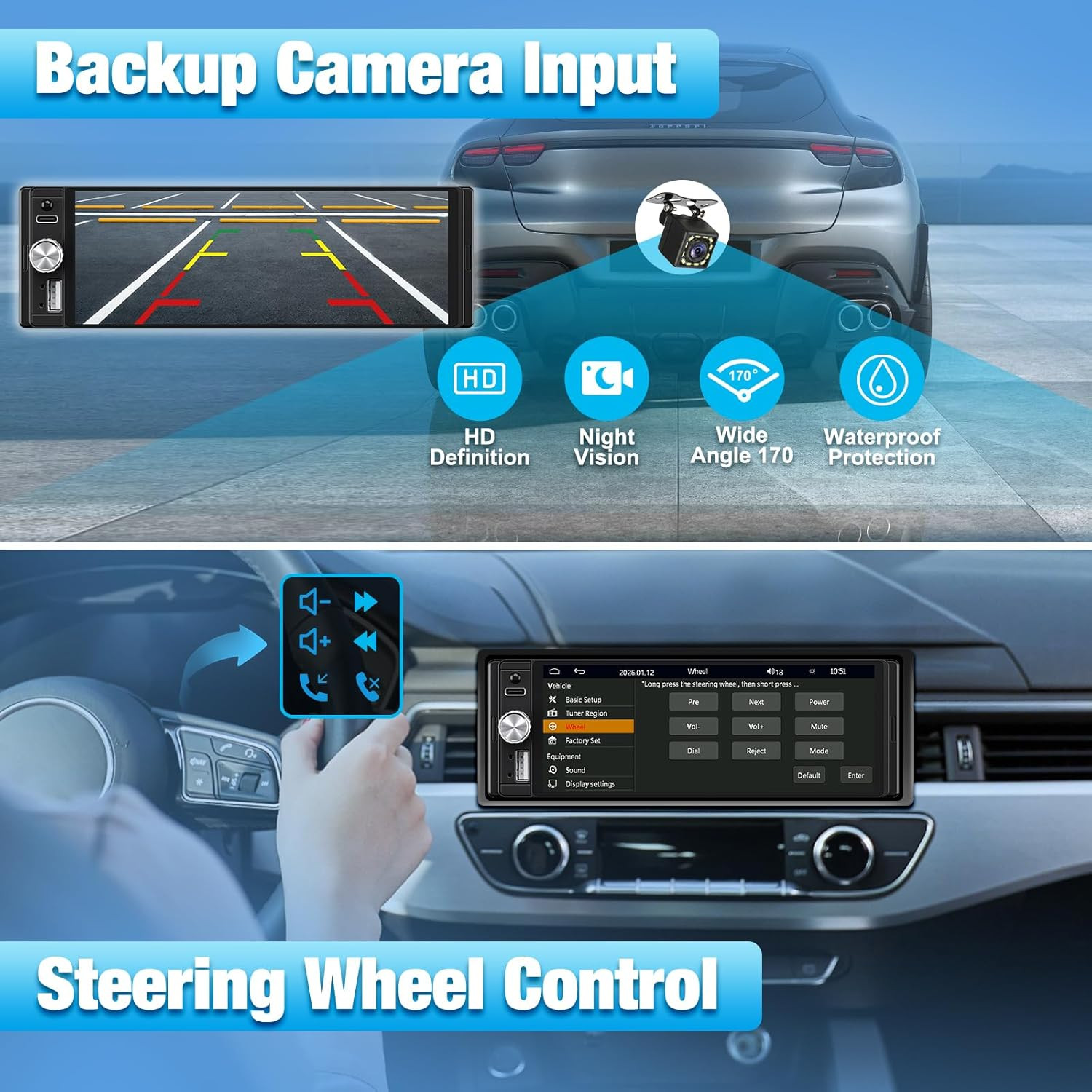 Single Din Radio Car Stereo with Apple Carplay & Android Auto, 6.28 Inch HD Touc