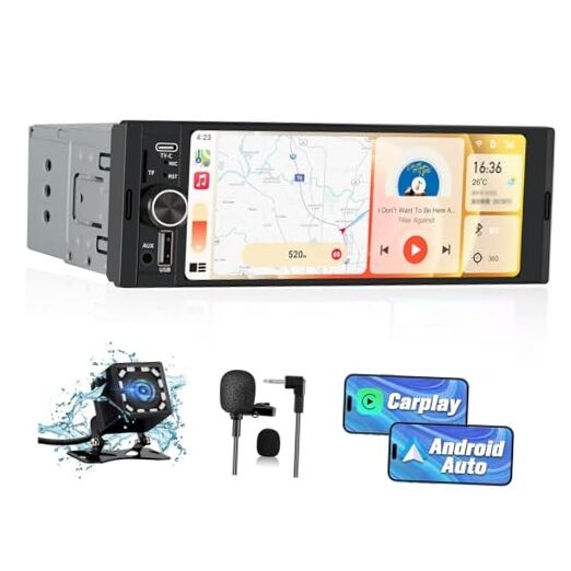 Universal Single Din Car Stereo with Wireless CarPlay & Android Auto, 6.36 inch