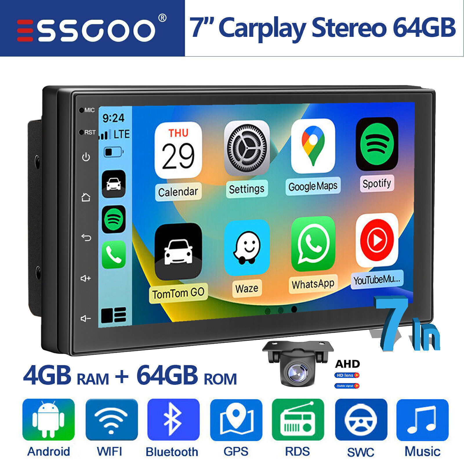 4G+64G CarPlay Car Stereo Double 2 Din 7″ Touch Screen Android 13 Radio GPS +CAM