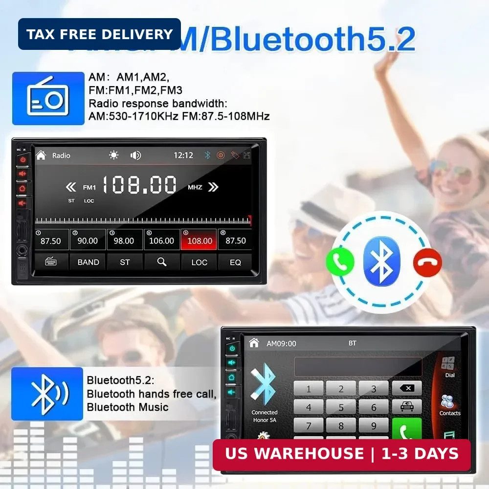Wireless Apple Carplay Android Auto 2 Din Car Radio Voice Control Bluetooth 5.2