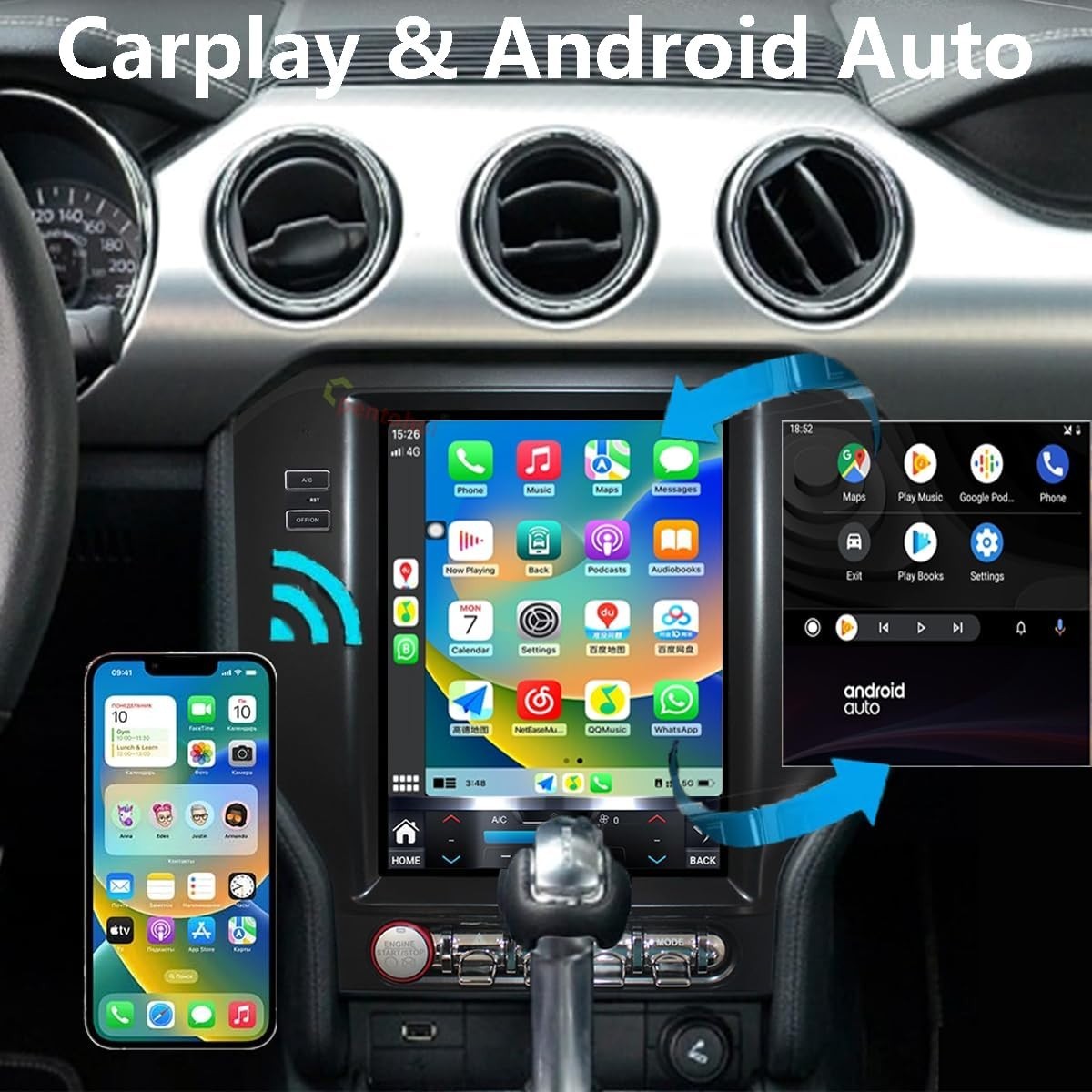 10.4″ 8Core 4+32G Tesla Style Android Auto Carplay for Ford Mustang 2015-2023