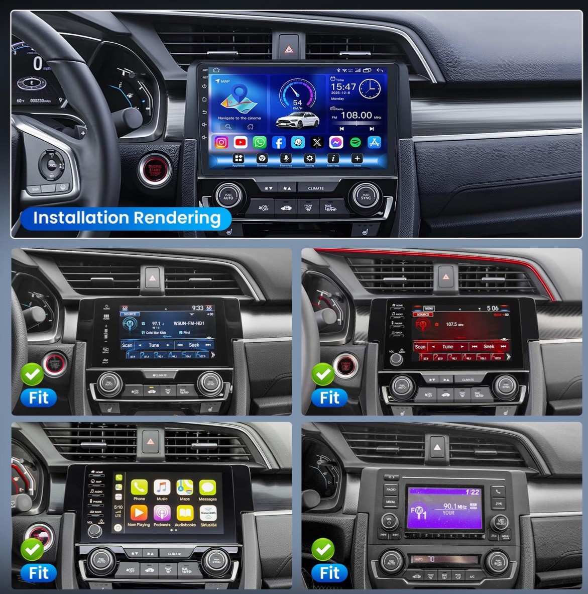 Android 13 Car Radio Honda Civic 2016-2021 9” IPS Touchscreen Wireless CarPlay