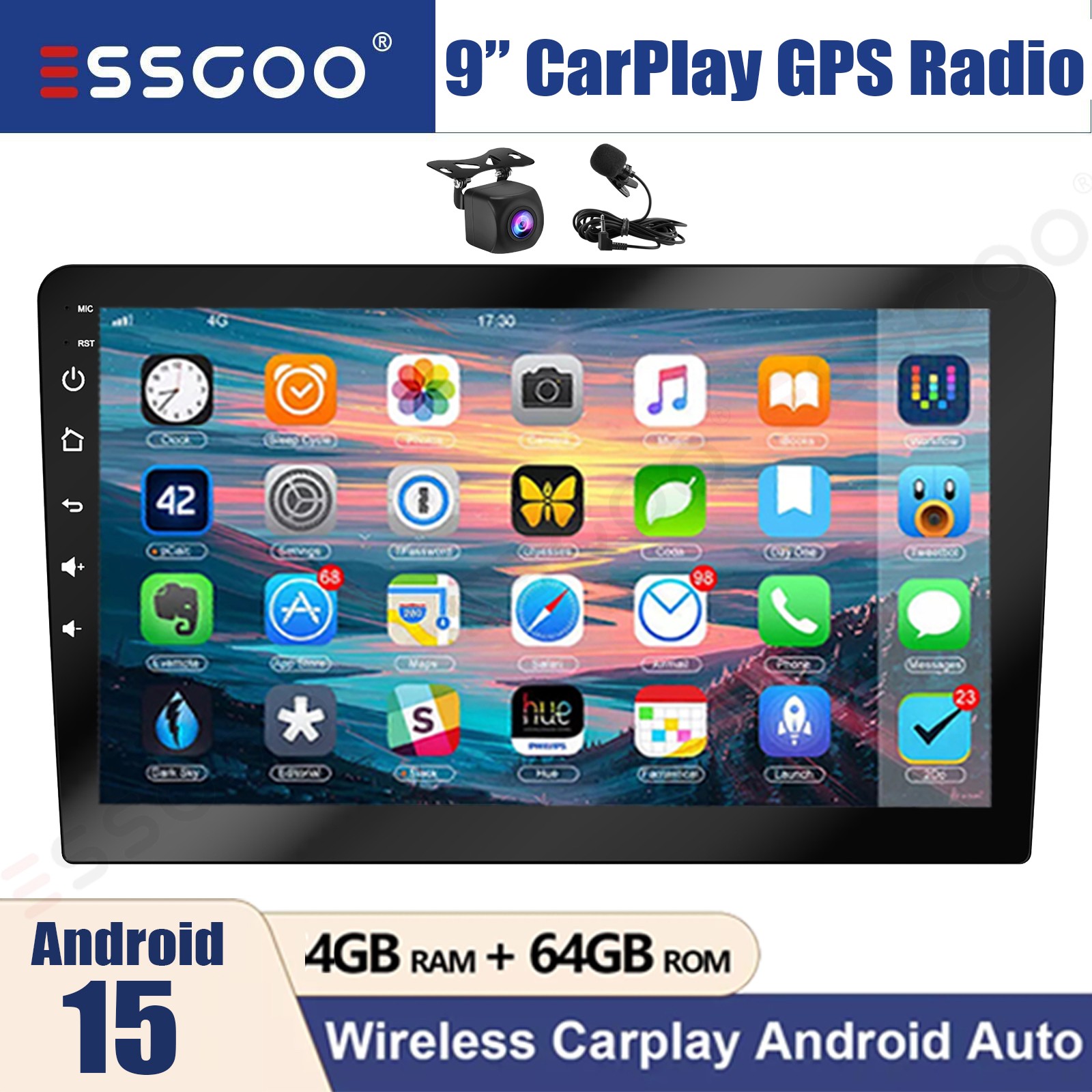 9 Inch Android 15 Carplay Car Stereo Radio Double 2Din GPS Navi BT 4+64G MIC&AHD