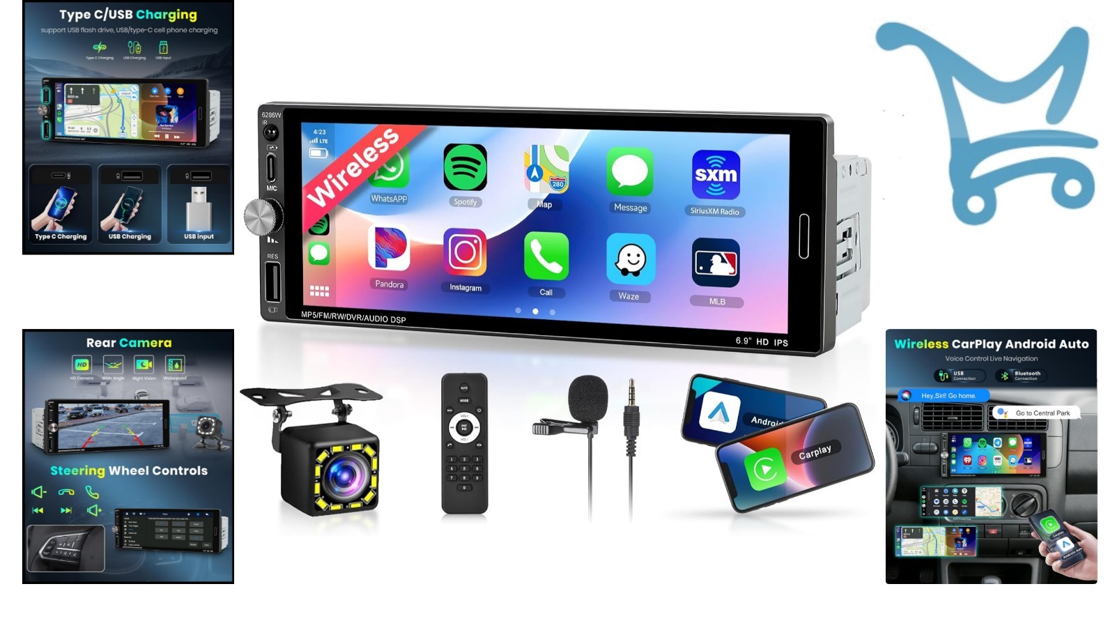 Single Din Car Stereo Wireless Carplay Android Auto 6.9 Inch Touch Screen Blu…