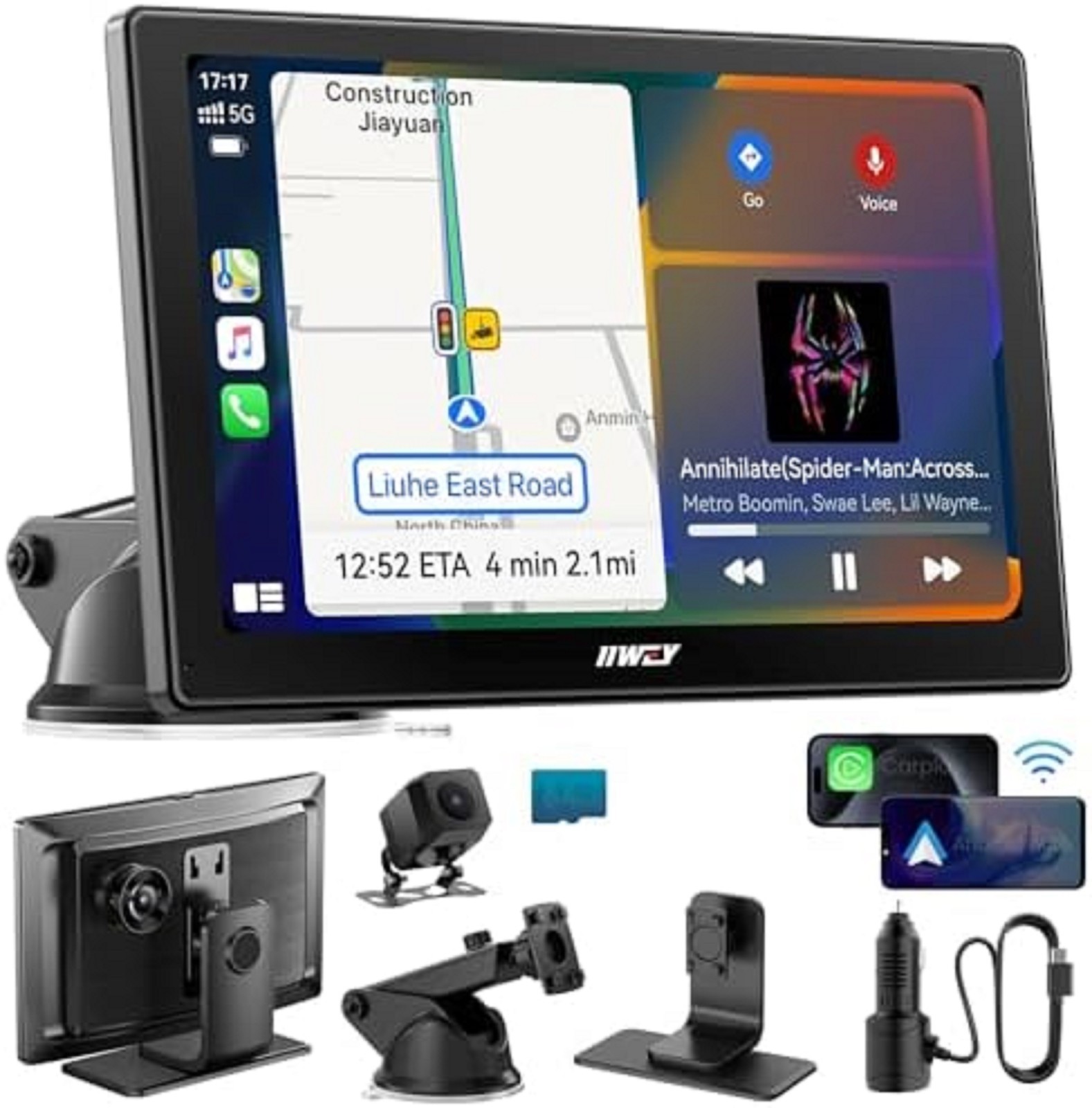IK5 9″ Wireless CarPlay & Android Auto Screen with Dash & Backup Cameras