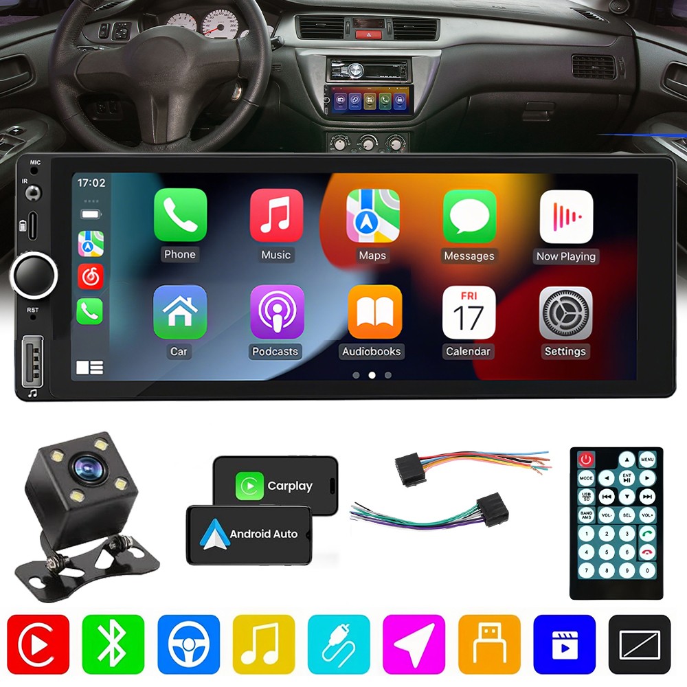 Single 1 Din Carplay Car Stereo Radio Bluetooth Touch Screen With Camera 6.8in