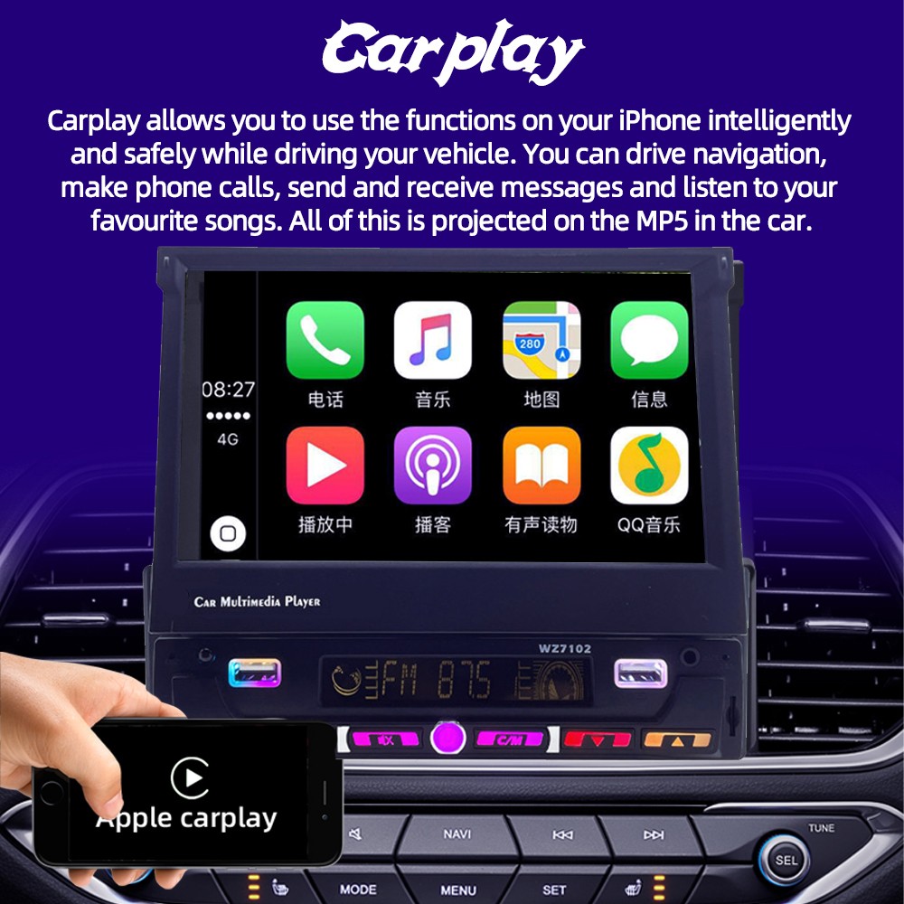 7″ Single Din Motorized Car Stereo Android Auto Radio Wireless Carplay