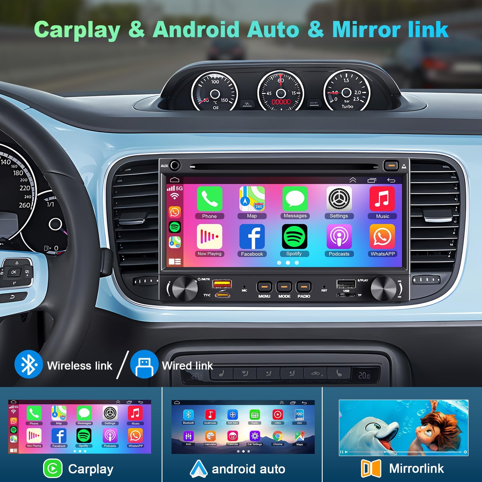 Double Din car Radio with CD/DVD Player, Wireless CarPlay & Android Auto Ster…