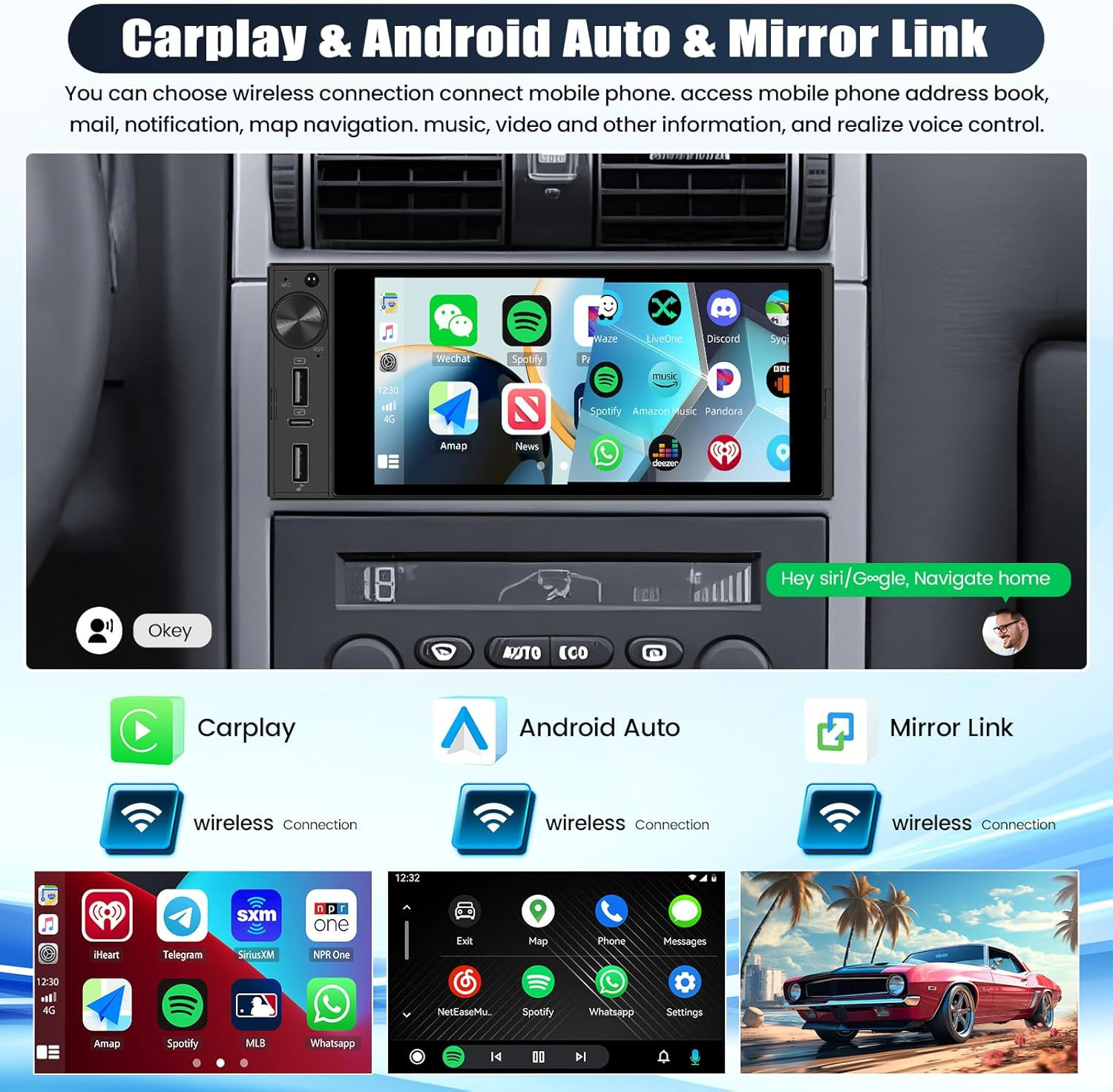 Single Din Car Stereo with Wireless Carplay&Android Auto,6 Inch 1 Din Touchscree