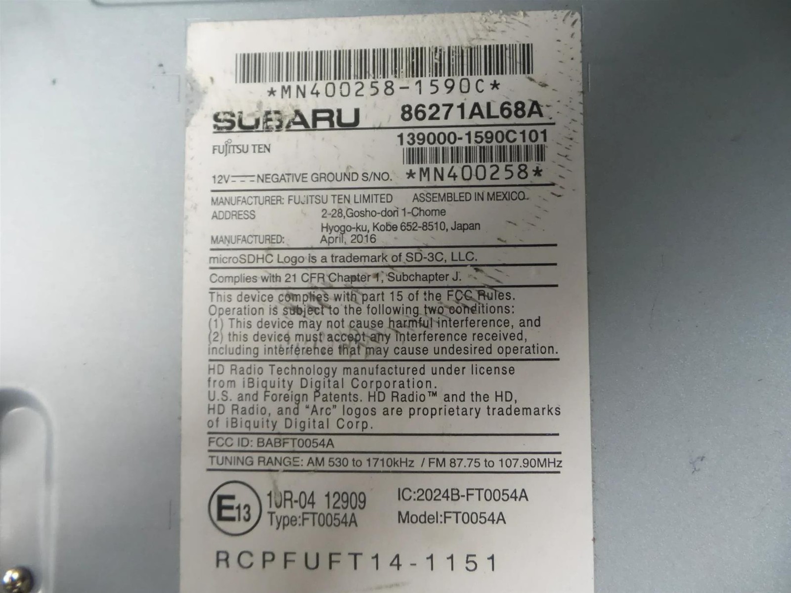 2016 Subaru 86271AL68A Legacy Outback Navigation CD Satellite FB685US
