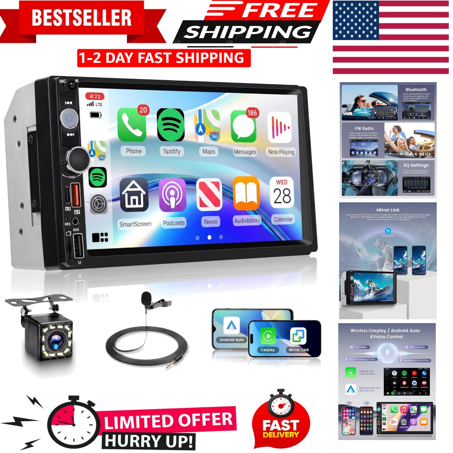 Double Din 7 Inch Car Stereo with Fast Charging, Video Playback & Mirror Link