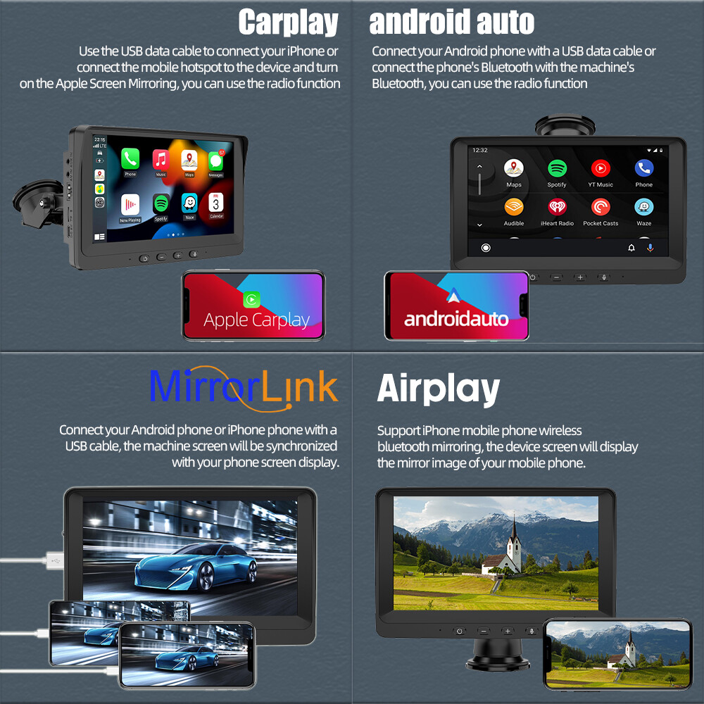7In Wireless Portable Apple Carplay Car Stereo Radio Bluetooth IPS Touch Screen