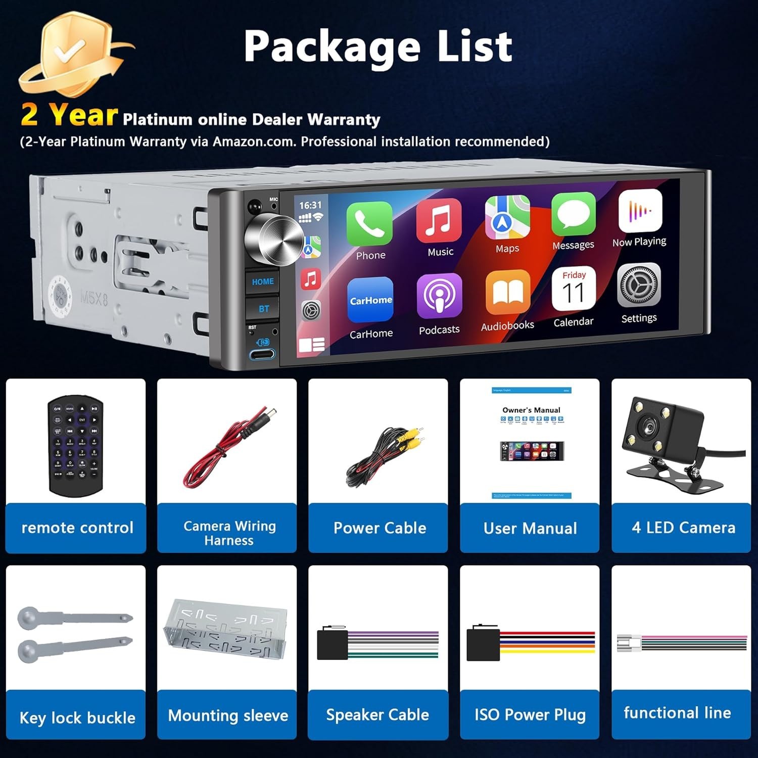 Single Din Car Stereo Wireless Apple CarPlay Android Auto 7-inch Touchscreen