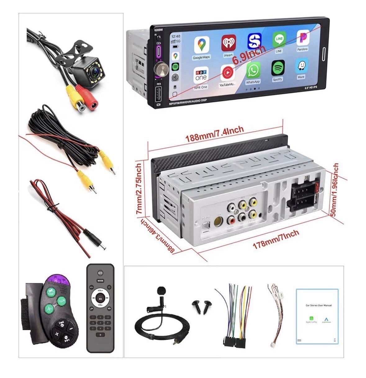 6289W 1 DIN Car MP5 Player 6.9in Touchscreen Bluetooth USB Remote Control