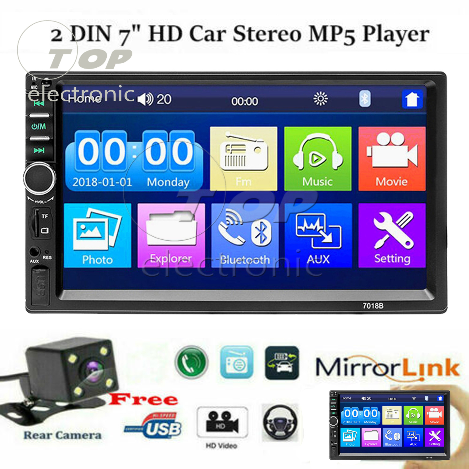 7 Double 7018B 2 DIN Car Radio MP5 Player Touch Screen Bluetooth + Rear Camera