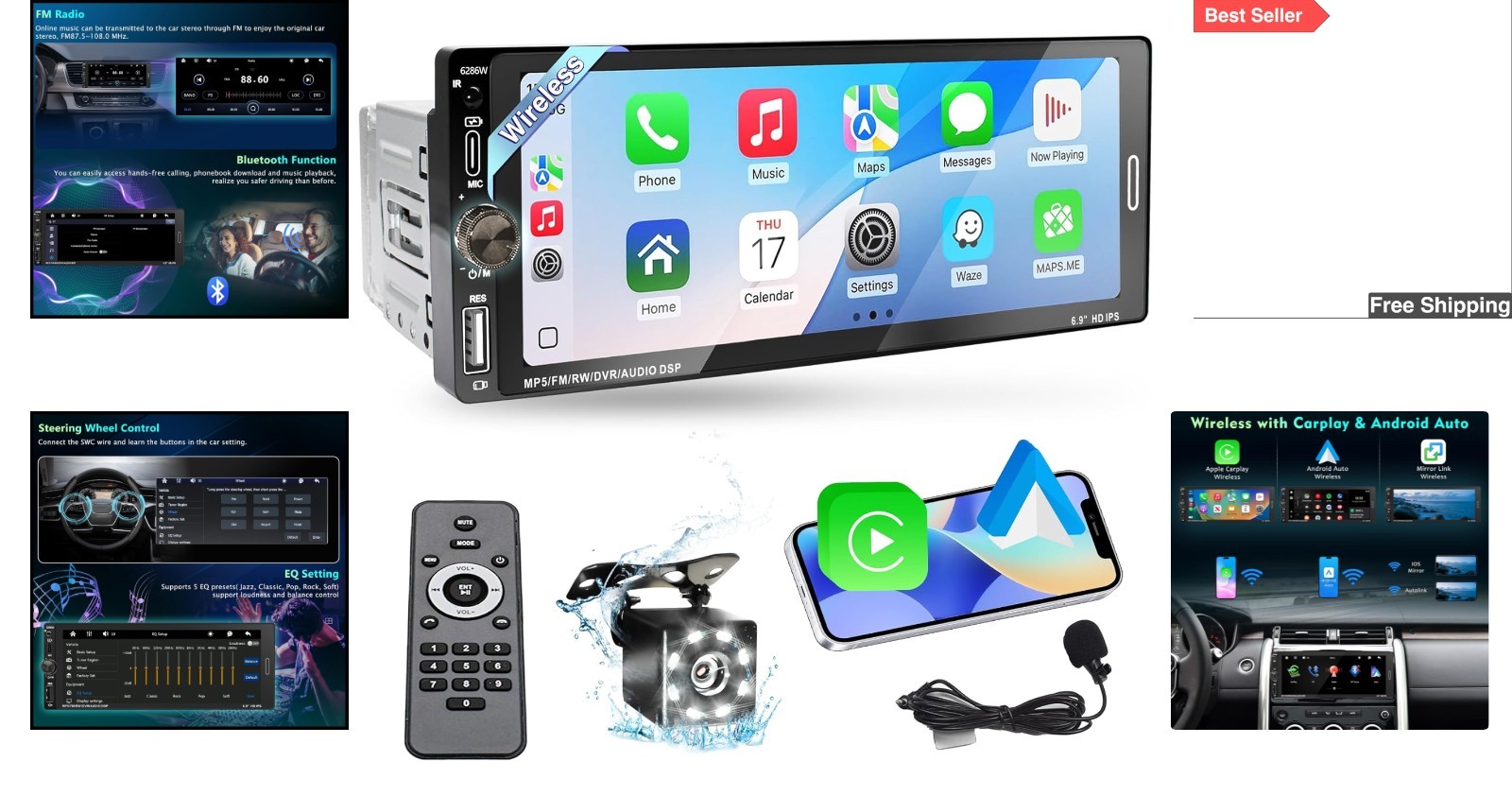 High-Performance 6.9″ Car Stereo with Bluetooth 5.0 & Night Vision Backup Cam