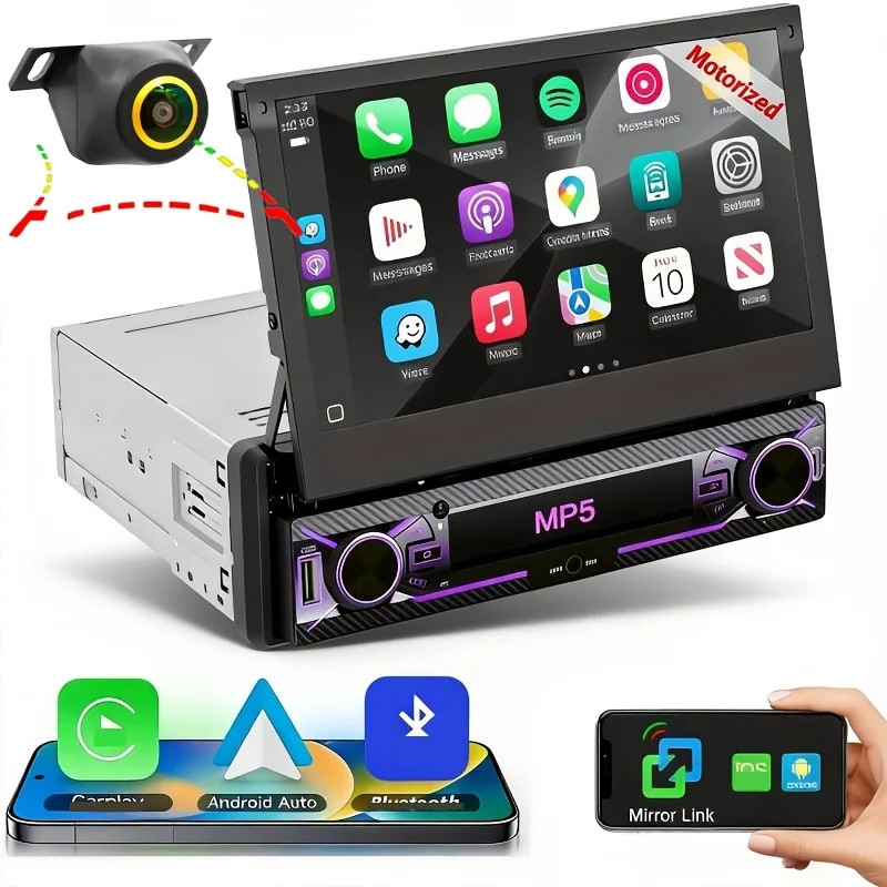 7in 1Din Car Stereo Motorized Flip Out Touchscreen MP5 Player Wired Carplayer
